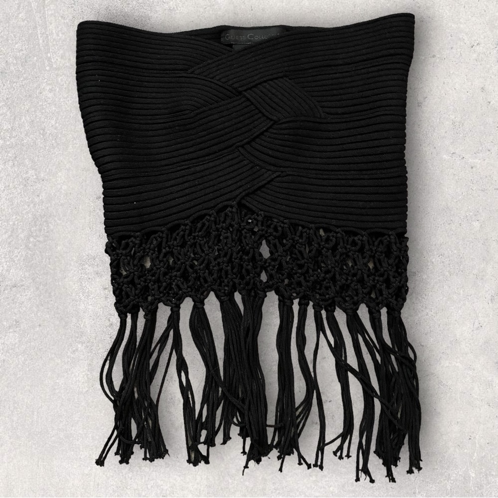 Guess • Black Sweater Bandeau Crop Top Fringe • S